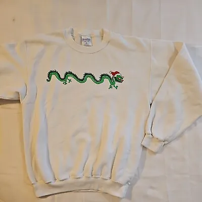 Vintage Santee Christmas Sweater Dragon In Santa Hat White Sweatshirt M  • $20