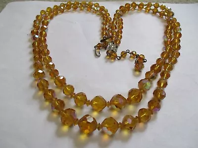 Vintage 26 In Multi 2 Strand Aurora Borealis Amber Gold CRYSTAL Beaded Necklace • $16.99