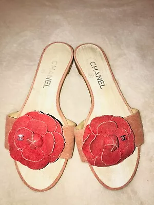 CHANEL CC Camellia Red  Flower Beige Leather Slide  Flip Flop Sandals Size 37.5 • £277.06