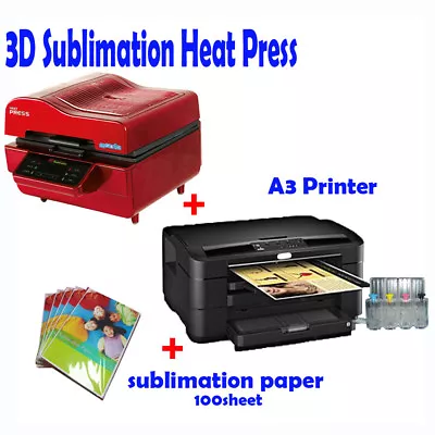 3D VACUUM DYE SUBLIMATION Ink HEAT PRESS+ A3 Printer(with Ink)+ Paper • $2240