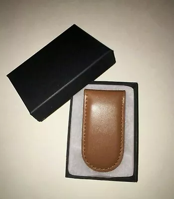 NIB Top Grain Leather Money Clip Strong Magnetic Business Card Holder Brown • $14.95