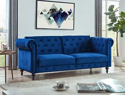 Sofa Bed Velvet Chesterfield 3 Seater Stylist Blue Sofabed • £369