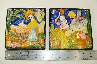 2 Vintage Handmade Peasant Art Ceramic Tiles  Raised Surface Signed • $15