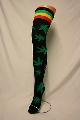 £4.95 • Buy Rasta/jamaican Colour Stripes Leafs Cotton Stretchy Over The Knee Sexy Socks