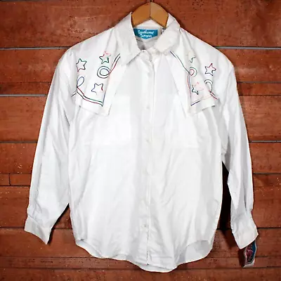 Vintage Soutwest Canyon Western Shirt Womens White Padded Shoulders Embroidered • $16.25