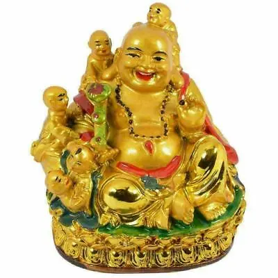 Resin Feng Shui Laughing Buddha With Childs (Gold)Children For Health • £11.99