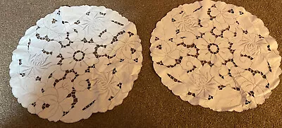 Vintage Retro Pierced Embroidered Large 17” Round Table Mats X 2 GreyWhite • $4.97