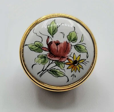 $18.99 • Buy Vntg Crummles England Button Trinket Box Red Base Red Yellow Flowers Mini 1 Inch
