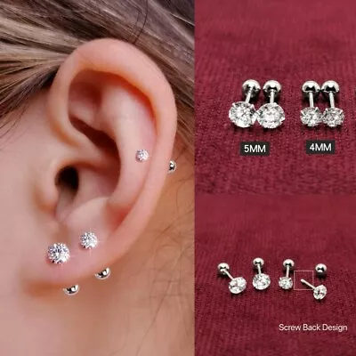 Surgical Stainless Steel Round CZ Earrings Screw Back Ear Studs Men Women 2-6mm • $8.99