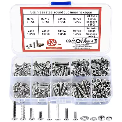 324 Pcs Metric Screw Assortment Kit Metric M3 M4 Hex Button Socket Head Cap Scre • $12.75