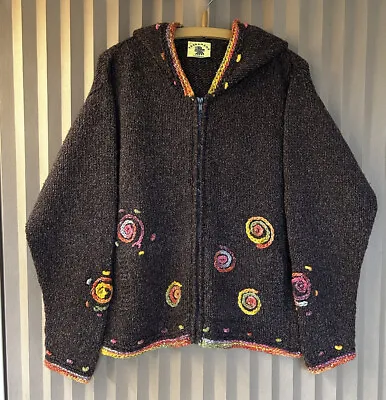£60 • Buy Vintage Pachamama Hand Knitted 100% Wool Hooded Cardigan Multicoloured