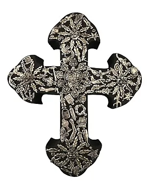 Mexican MILAGROS CROSS ExVotos Wood Cross LG  10” Black Silver • $52.80