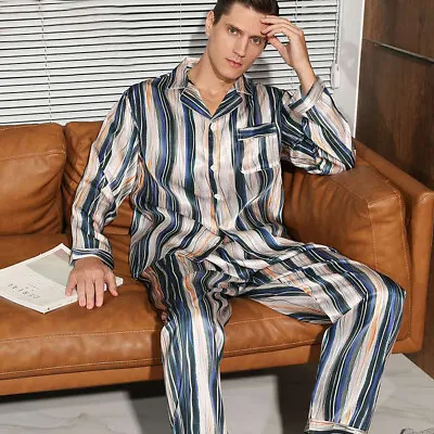 Men's 19MM 100% Silk Pajamas Set Long Sleeves Silk Sleepwear Striped S M L XL • $165