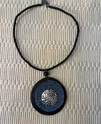 Handmade African Maasai Blue Beaded Necklace Leather Backing Pendant Jewelry • $16