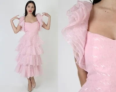 Vtg 70s Cotton Candy Pink Layered Prom Dress Avant Garde Open Back Sexy Gown • $81.70