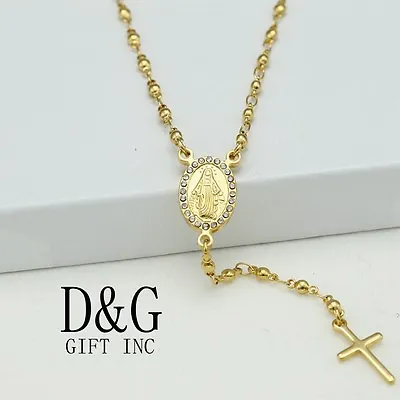 DG Womens Stainless Steel Rosary VIRGIN MARYCROSS Necklace*Stone*Gold Plate BOX • $16.99