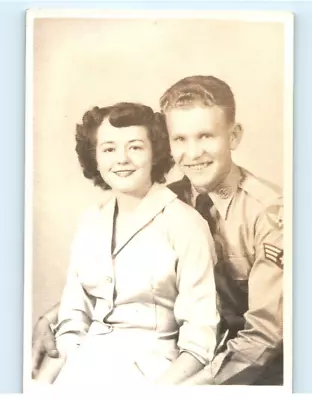 Vintage Photo 1940s Military Officer In Uniform W/ Spouse Posed 4.5 X 3 Sepia • $7.93