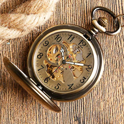 Men's Self Wind Pocket Watch Copper Pendant Smooth Retro Skeleton Unisex Watches • $22.41