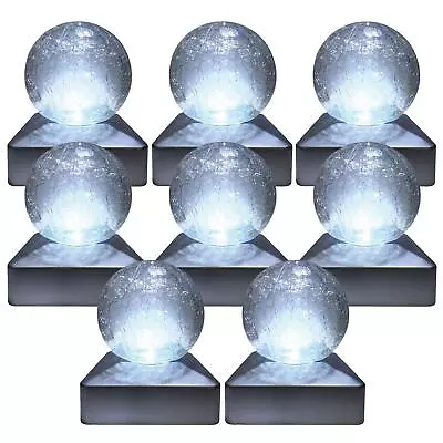 8 X SOLAR DECK CAP POST LIGHTS OUTDOOR GARDEN CRACKLE GLASS BALL LIGHTS WHITE • £49.95