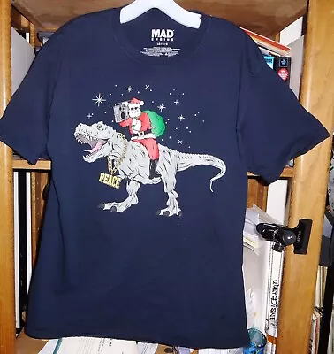 Mad Engine Mens Santa Claus Riding T-Rex In Space  Christmas Shirt Size L • $10