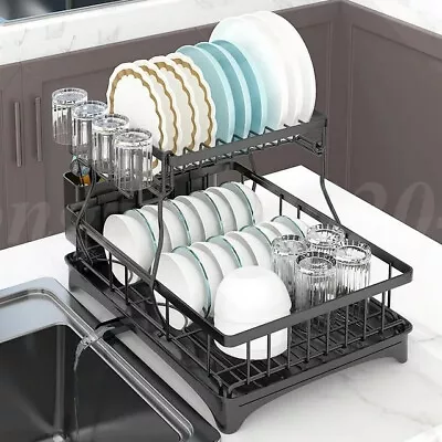 2-Tier Over Sink Dish Drying Rack Cutlery Drainer Stainless Steel Kitchen Shelf • $27.98