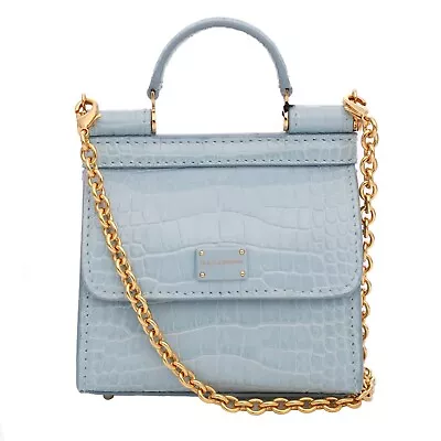 DOLCE & GABBANA Croco Texture Leather Crossbody Bag SICILY 58 Micro Blue 11637 • $426.40