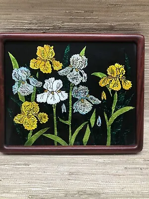 Vintage Folk Art Reverse Painting On Glass Tinsel Foil Art Iris Flowers 10” X 8” • $32