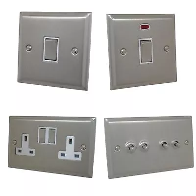 Satin Nickel Matt Chrome DSN2 Plug Sockets Light Switches Dimmers Cooker LED • £23.85