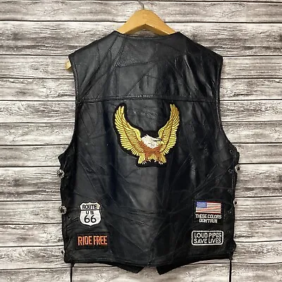 Vintage Canyon Creek Leather Vest Mens Large Black Biker Motorcycle Patches USA • $35