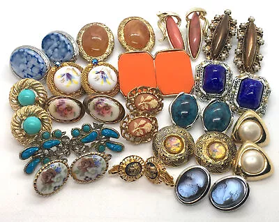 17 Prs Vintage Clip Earrings W/colorful Insets! Porcelain Glass Pearls Lucite • $29.99