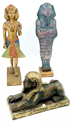 3 Egyptian Pharaoh Statues Tutankhamun King Tut Mummy Sphynx Figures Figurines • £11.99