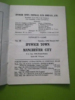 Ipswich V Man City FA Cup 5 Replay Football Programme. 14.3.1967 • £1.50