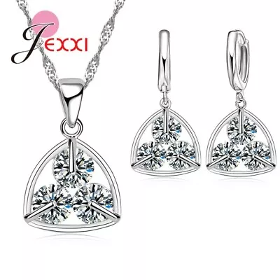 925 Sterling Silver Crystal Rhinestone Necklace Pendant And Earring Set Wedding • £5.45