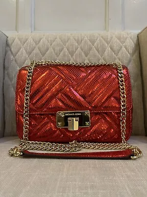 Michael Kors Peyton Large Metallic Red Quilted Shoulder Handbag Gold Strap Purse • $195