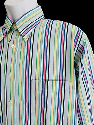 Maus & Hoffman Mens Shirt Egyptian Cotton Blue Pink Green Yellow Stripe Italy L • $42.99