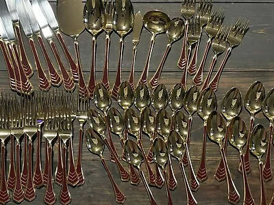 VINTAGE Burgandy Toned Gold Stainless Piece Flatware Set Made In Japan 58 Pieces • $80