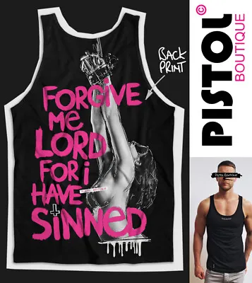 Pistol Boutique Men's Black FORGIVE ME LORD TIED UP Back Print Vest Singlet Tank • £25.19