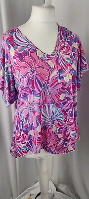 Saloos Womens Silky Feel Top Vibrant Pink Sparkly Print Hanky Hem Party XL (16) • £0.99