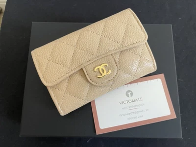 $850 • Buy NEW CHANEL REV Beige Caviar  GHW Quilted Classic Snap Card Holder W/ Receipt