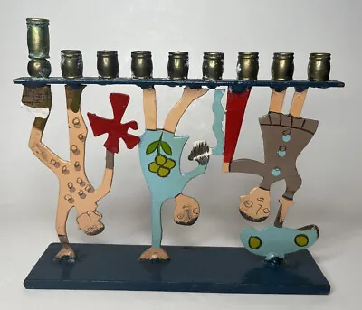 Hanukkah Menorah Candle Holder Whimsical Kids Doing Handstands Metal Painted  • $65