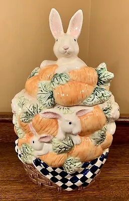 Vintage 90’s Fitz & Floyd 13” CARROT PATCH Easter Cookie Jar: Basket Of Bunnies • $79.95