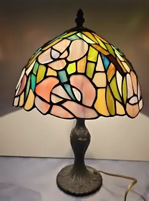 Tiffany Style Stained Leaded Glass Floral Motif Side Table Lamp 15  Vintage  • $72