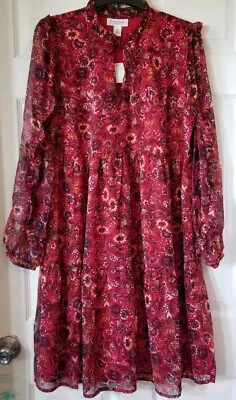 MOTHERHOOD MATERNITY Red Floral Long Sleeve Mid Length Sheer Dress  Size S - NEW • $14.95