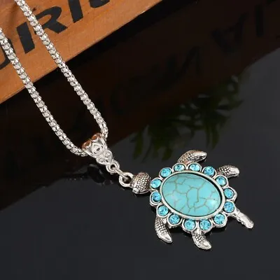  Boho 925 Sterling Silver Sea Turtle Charms Vintage Turquoise Pendant Necklace • $15.74