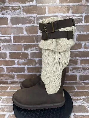 UGG Australia Cassidee Tall Winter Boots Brown Leather Knit 1007691 Women Size 6 • $49.99