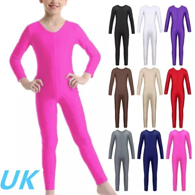 UK Kids Girls One Piece Jumpsuit Full Length Bodysuit Gymnastics Catsuit Unitard • £13.74