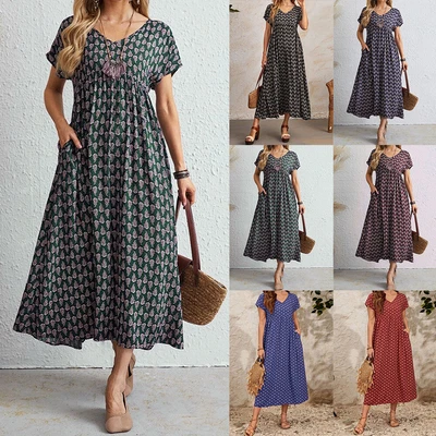 $29.29 • Buy Womens Floral V Neck Short Sleeve Midi Dress Pocket Holiday Beach Party Sundress