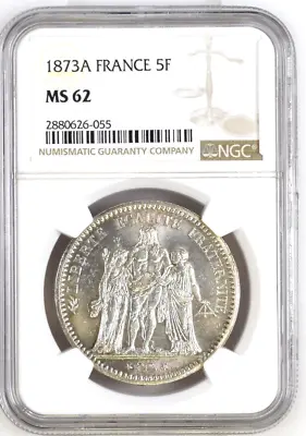 1873 A France 5 Francs. NGC MS 62. KM-820.1. #055 • $249