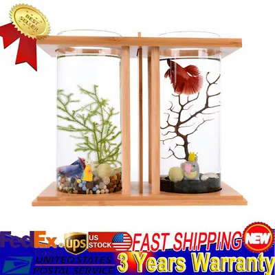 Glass Betta Fish Tank Bamboo Base Mini Aquarium Goldfish Tank Desktop Decoration • $22