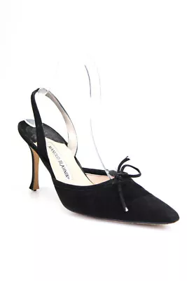 Manolo Blahnik Womens Suede Pointed Toe Slingback Pumps Black Size 7US 37EU • $109.79